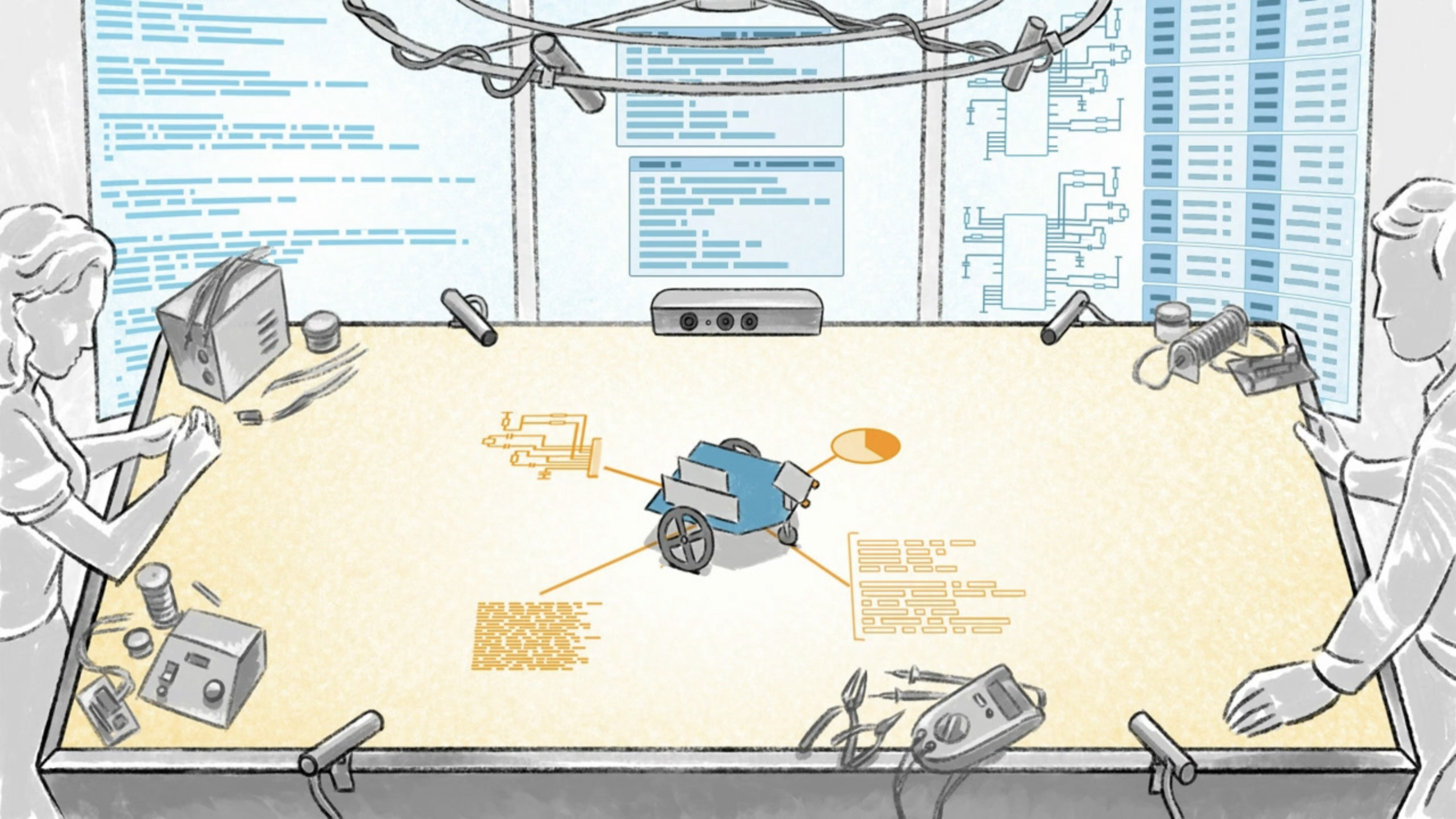 Robot on a table with data visualization on table and walls